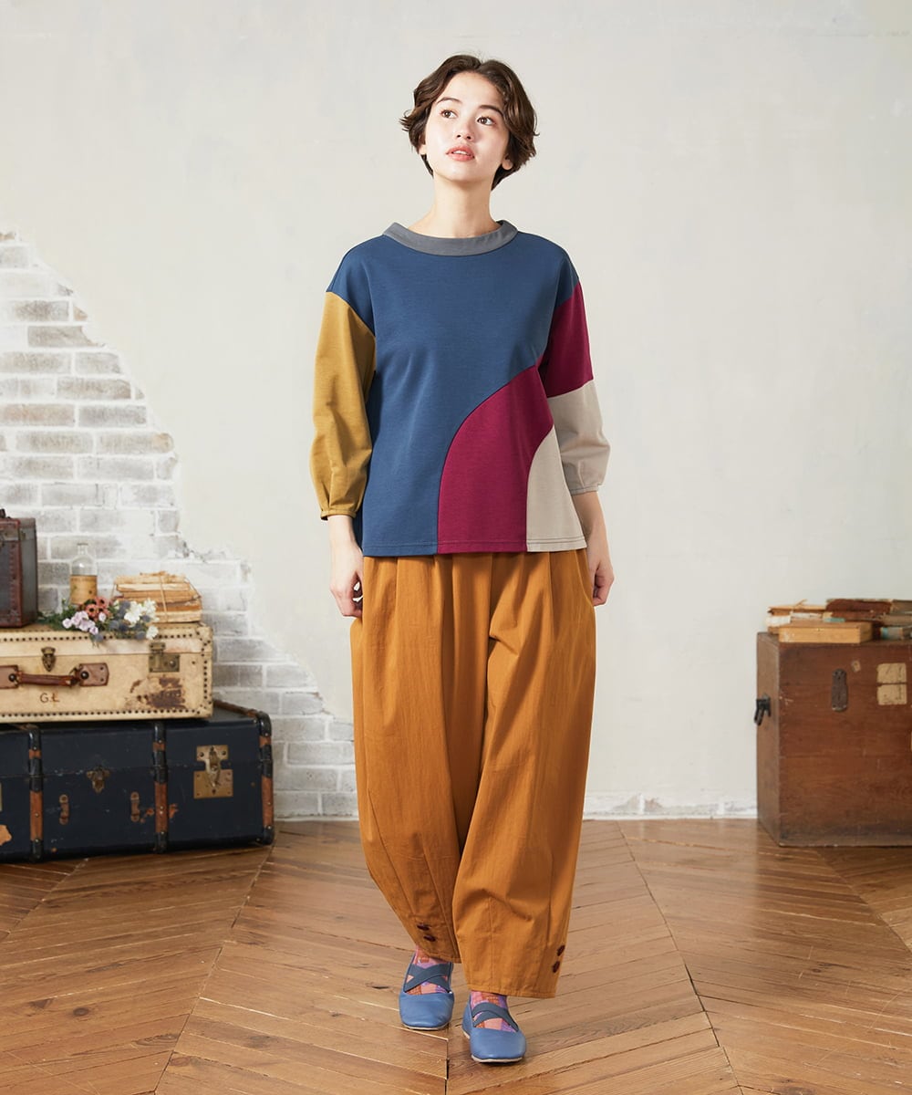 GJKJB36190 Jocomomola(ホコモモラ) Rompecabezas パッチワーク切り替えカットソー ブルー
