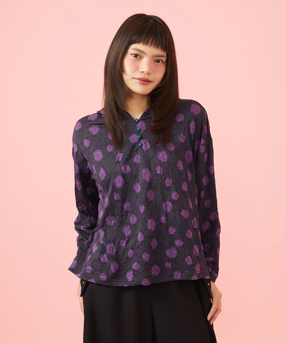 GJKJE40180 Jocomomola(ホコモモラ) 【日本製】配色ドットジャカードフード付きカットソー ブラック