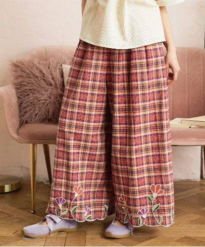 GJLGE02230 Jocomomola Dulcinea チェックスカラップ刺繍入りワイドパンツ