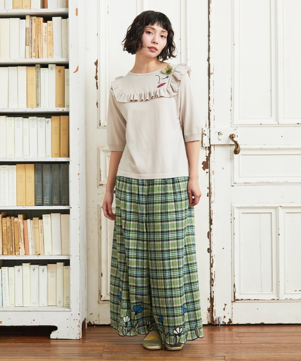 GJLGE02230 Jocomomola(ホコモモラ) Dulcinea チェックスカラップ刺繍入りワイドパンツ グリーン×ブルー
