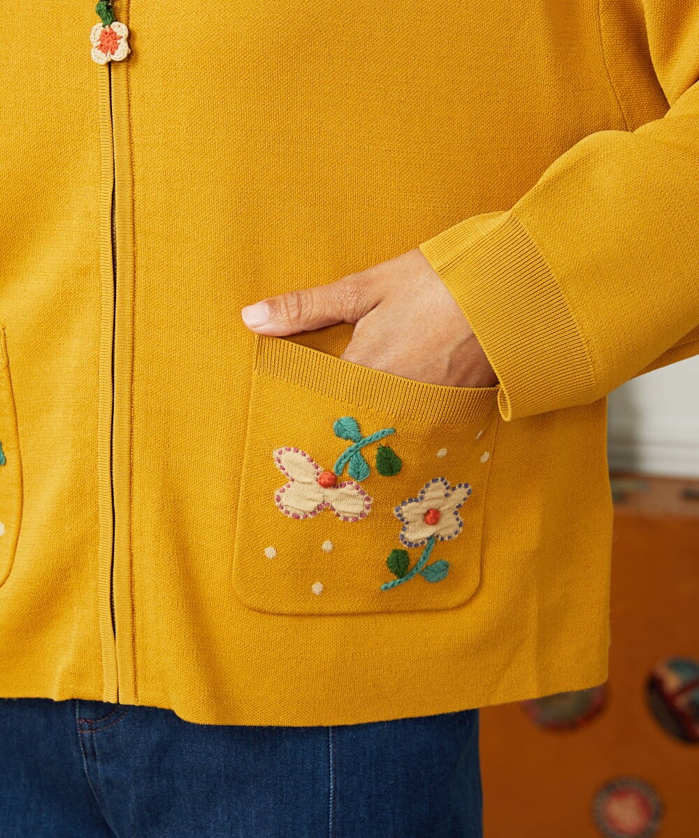 GJSJB02240 Jocomomola(ホコモモラ) Flor Alta フラワー刺繍ジップカーディガン イエロー