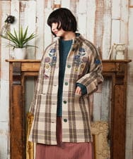 GJUAE04550 Jocomomola(ホコモモラ) Calle de Bordadores チェック×フラワー刺繍コート ベージュ