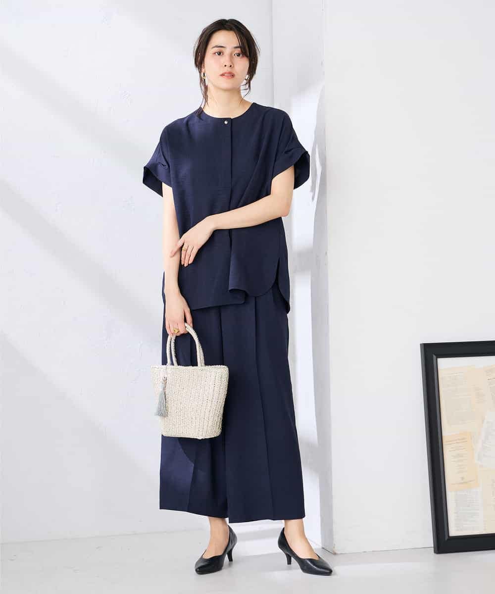 K2BHD06044 a.v.v(アー・ヴェ・ヴェ) 【接触冷感/UVカット】リネンライククルーネックブラウス【セットアップ対応/アンチピリング】 ネイビー