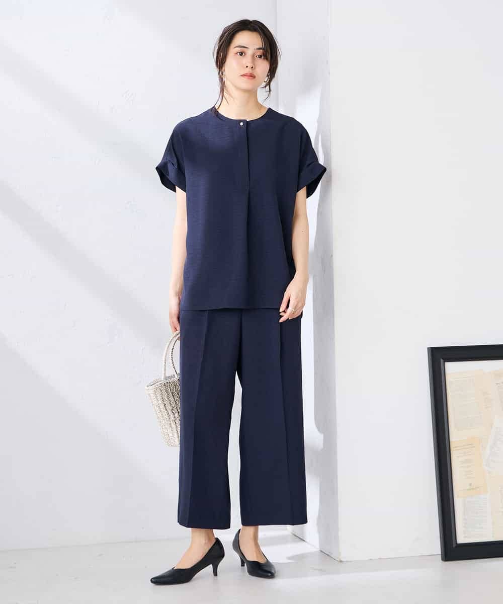 K2BHD06044 a.v.v(アー・ヴェ・ヴェ) 【接触冷感/UVカット】リネンライククルーネックブラウス【セットアップ対応/アンチピリング】 ネイビー
