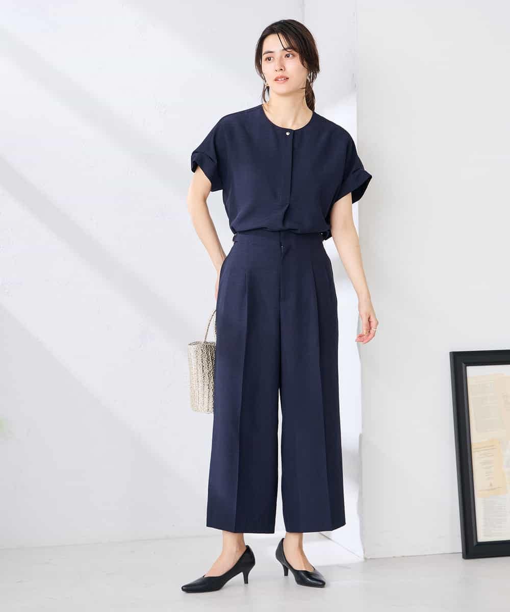 K2BHD06044 a.v.v(アー・ヴェ・ヴェ) 【接触冷感/UVカット】リネンライククルーネックブラウス【セットアップ対応/アンチピリング】 ネイビー