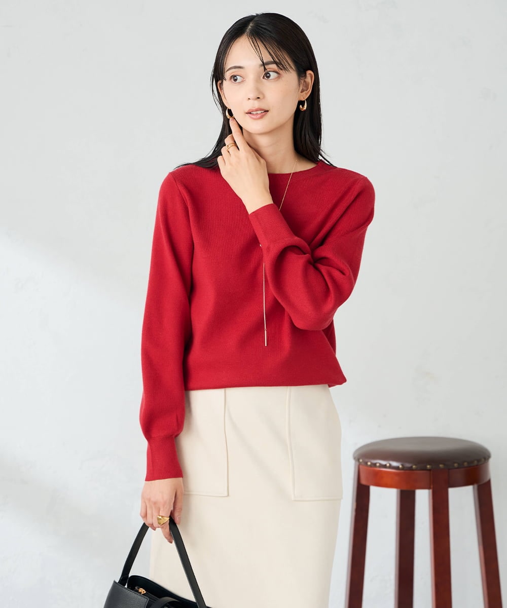 K2FAD69039 a.v.v(アー・ヴェ・ヴェ) 【洗える】ボートネックパフスリーブスプリングニット レッド