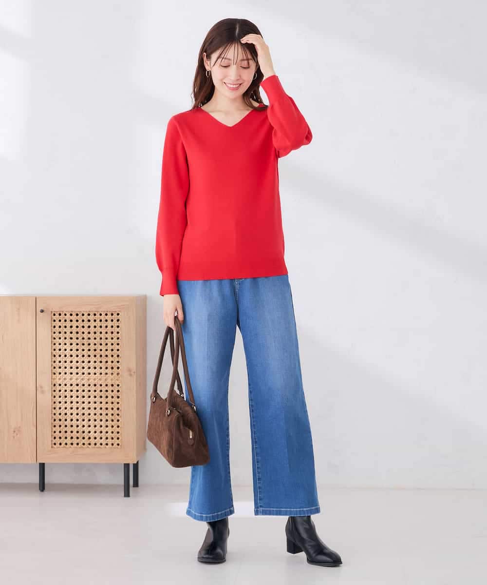 K2FAG59039 a.v.v(アー・ヴェ・ヴェ) Vネック パフスリーブ ニット【洗える/麗しニット】 ブラック