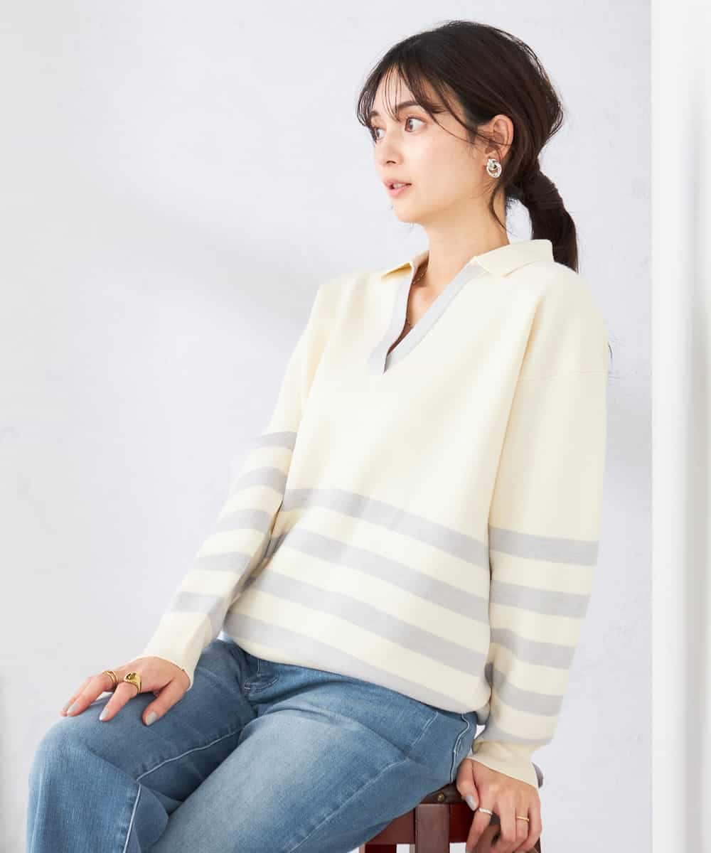 K2FDD07059 a.v.v(アー・ヴェ・ヴェ) スキッパーボーダーニット アイボリー×ライトブルー