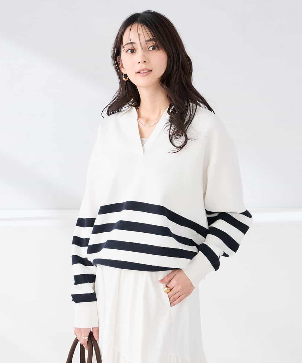 K2FDD07059 a.v.v(アー・ヴェ・ヴェ) スキッパーボーダーニット アイボリー×ライトブルー