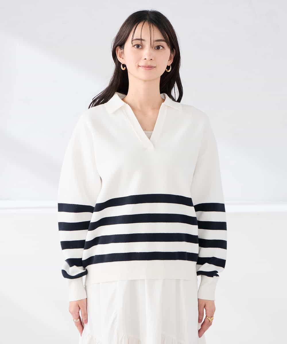 K2FDD07059 a.v.v(アー・ヴェ・ヴェ) スキッパーボーダーニット アイボリー×ライトブルー