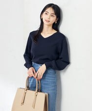 K2FEA79039 a.v.v(アー・ヴェ・ヴェ) 【洗える/UVカット/WEB限定カラー】Vネックパフスリーブ美ラクるニット オレンジ