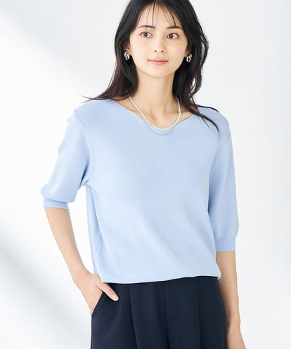 K2FGA59039  【接触冷感/UVカット/洗える】Vネックハーフスリーブ美ラクるサマーニット