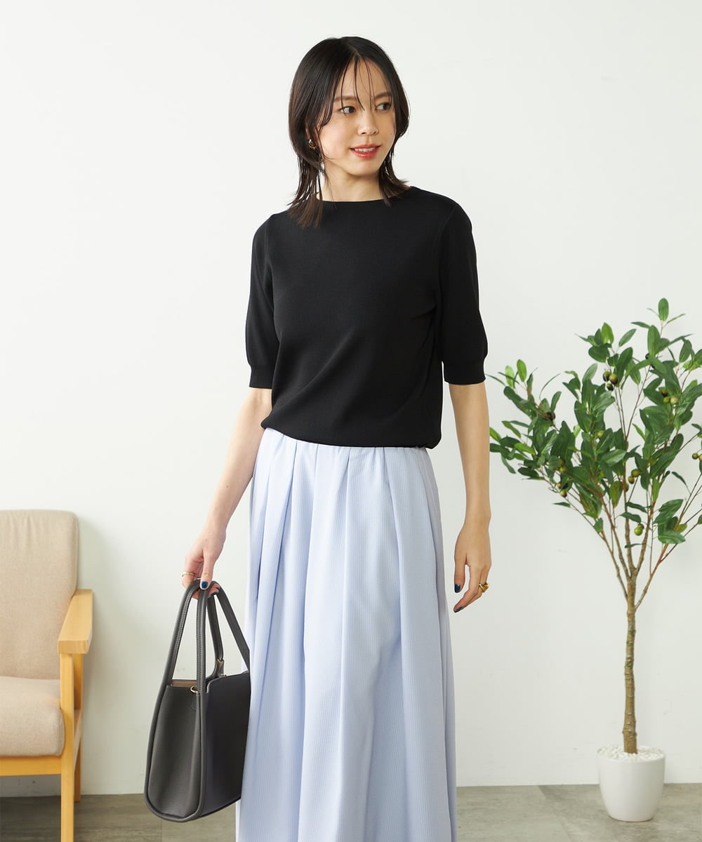 K2FGA69039 a.v.v(アー・ヴェ・ヴェ) 【接触冷感/UVカット/洗える】ボートネックハーフスリーブ美ラクるサマーニット ピンク
