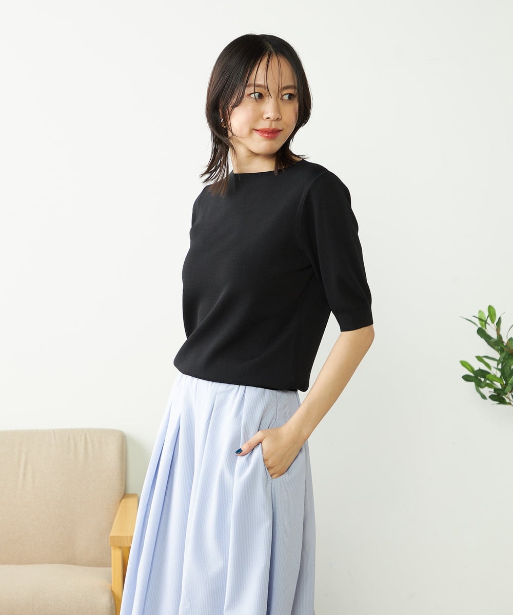 K2FGA69039 a.v.v(アー・ヴェ・ヴェ) 【接触冷感/UVカット/洗える】ボートネックハーフスリーブ美ラクるサマーニット ブラック