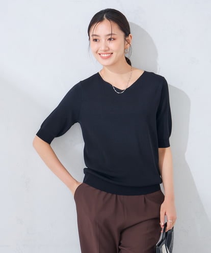 K2FGD59039 a.v.v ハーフスリーブVネックサマーニット【洗える/接触冷感/UVカット】