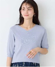 K2FGD79039 a.v.v(アー・ヴェ・ヴェ) ハーフスリーブVネックサマーニット【WEB限定/洗える/接触冷感/UVカット】 ライトブルー
