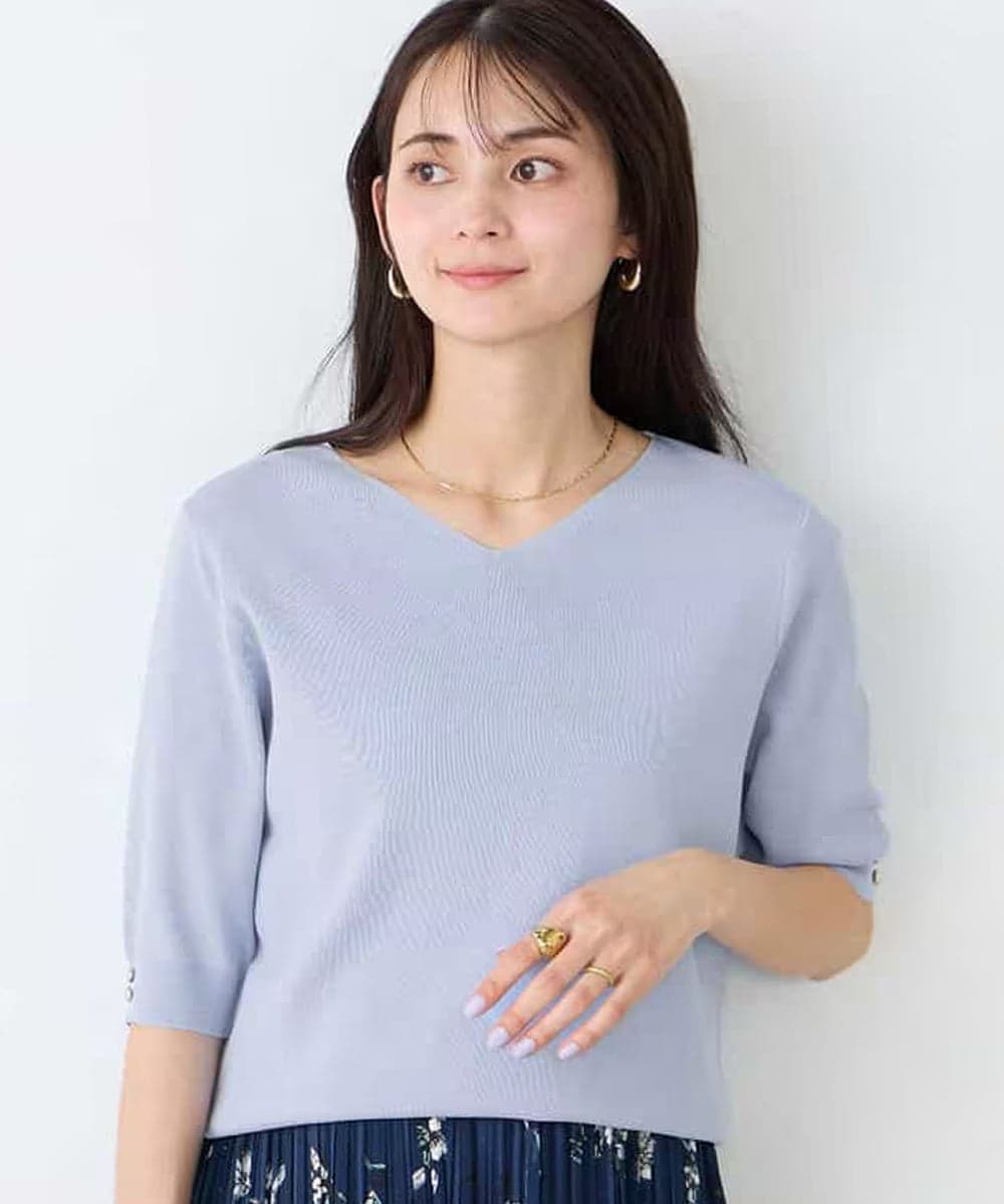 K2FGD79039 a.v.v(アー・ヴェ・ヴェ) ハーフスリーブVネックサマーニット【WEB限定/洗える/接触冷感/UVカット】 ライトブルー