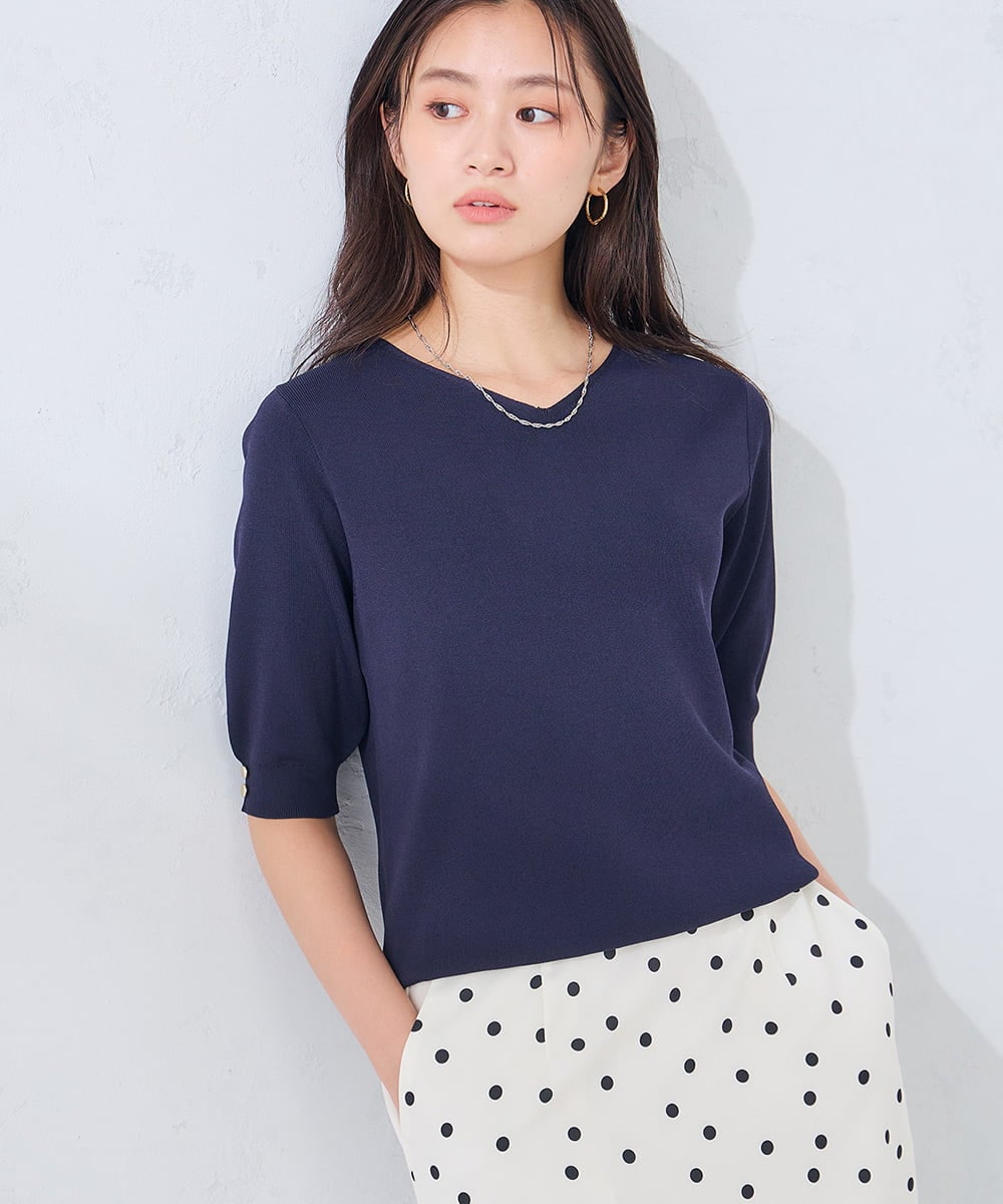 K2FGD79039 a.v.v(アー・ヴェ・ヴェ) ハーフスリーブVネックサマーニット【WEB限定/洗える/接触冷感/UVカット】 ネイビー
