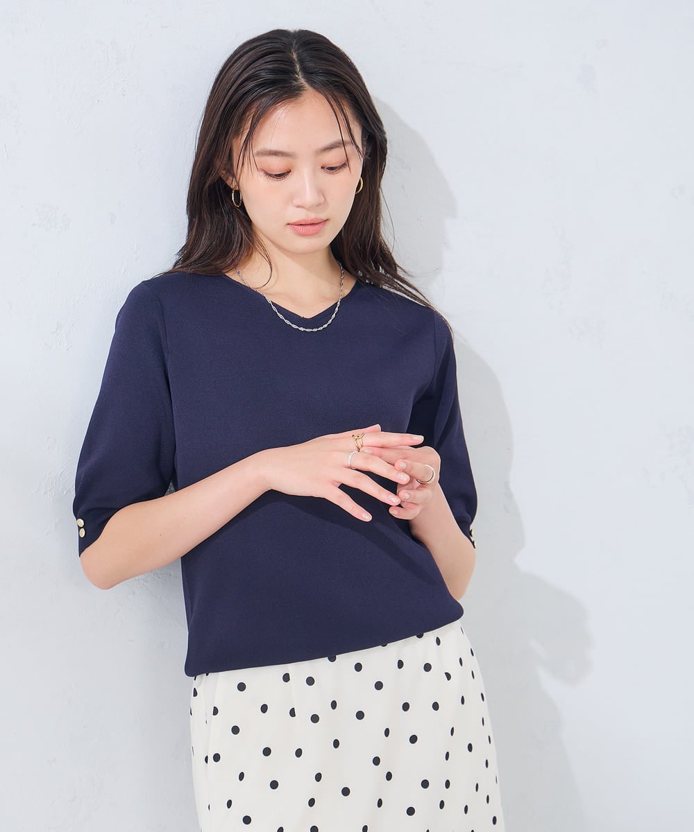 K2FGD79039 a.v.v(アー・ヴェ・ヴェ) ハーフスリーブVネックサマーニット【WEB限定/洗える/接触冷感/UVカット】 ブラック