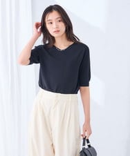 K2FGD79039 a.v.v(アー・ヴェ・ヴェ) ハーフスリーブVネックサマーニット【WEB限定/洗える/接触冷感/UVカット】 ブラック