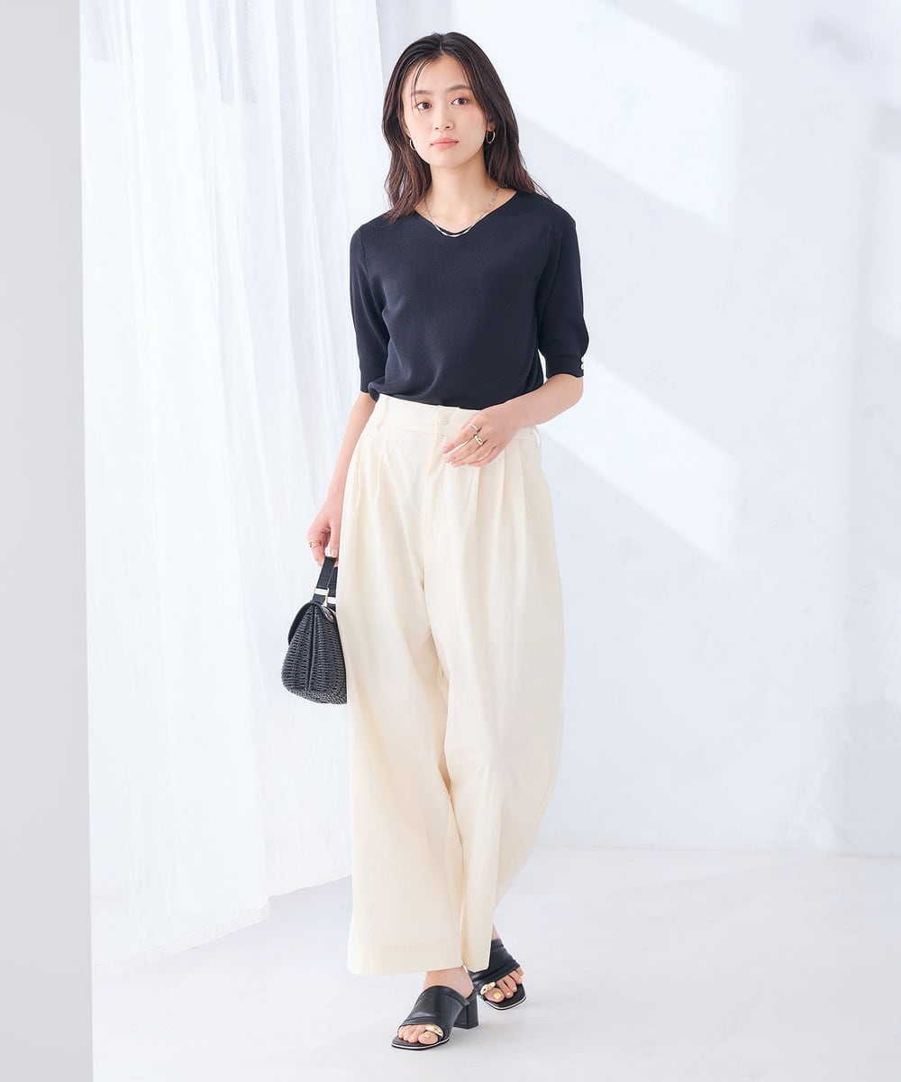 K2FGD79039 a.v.v(アー・ヴェ・ヴェ) ハーフスリーブVネックサマーニット【WEB限定/洗える/接触冷感/UVカット】 ブラック