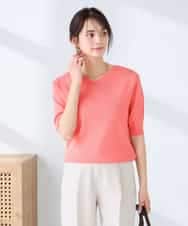 K2FGD79039 a.v.v(アー・ヴェ・ヴェ) ハーフスリーブVネックサマーニット【WEB限定/洗える/接触冷感/UVカット】 オレンジ