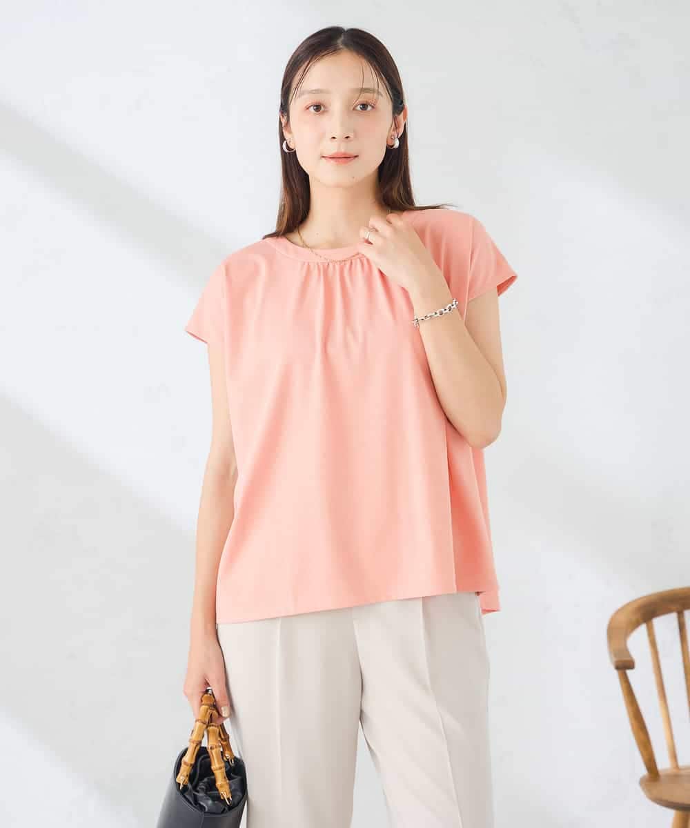 K2KID66035 a.v.v(アー・ヴェ・ヴェ) 【接触冷感/UVカット】ギャザーネックフレンチカットソー コーラル