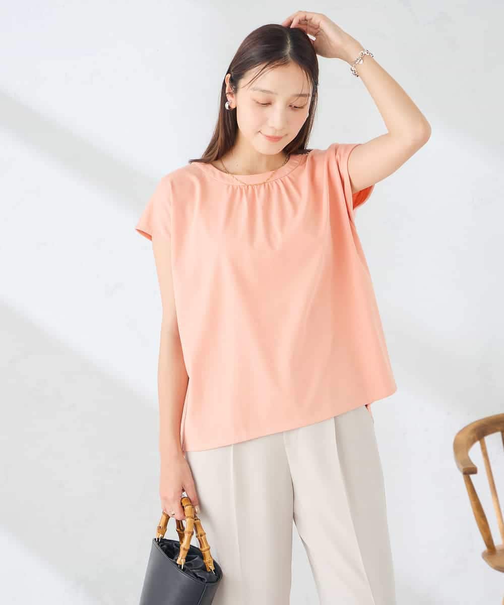 K2KID66035 a.v.v(アー・ヴェ・ヴェ) 【接触冷感/UVカット】ギャザーネックフレンチカットソー コーラル