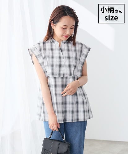 K3BID57049  【低身長サイズ】チェック柄フレンチスリーブブラウス