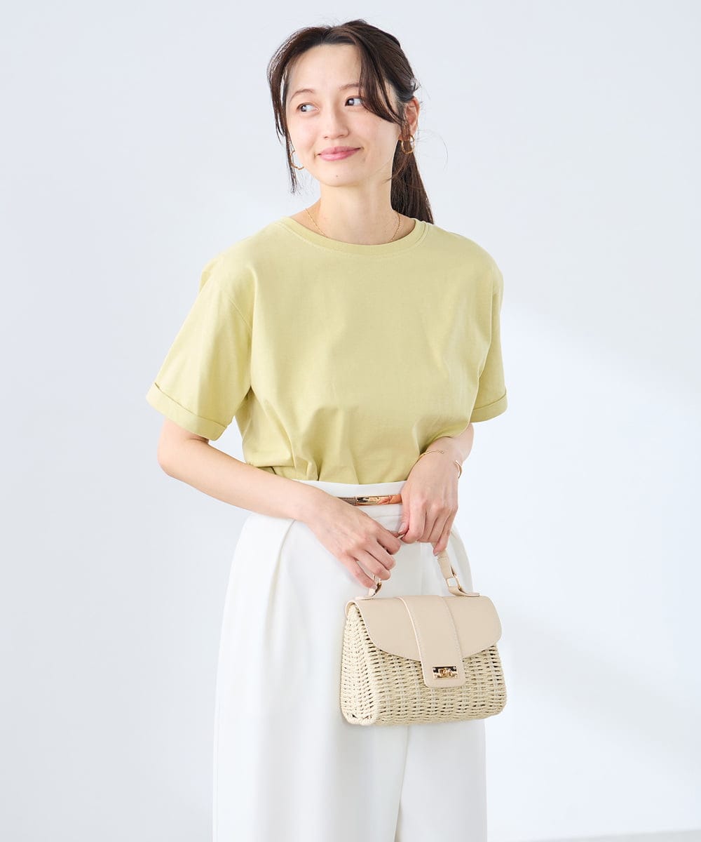 K3KGD30024 a.v.v Elmi(アー・ヴェ・ヴェ) 【低身長サイズ】ロールアップハーフスリーブTシャツ【接触冷感/UVカット/コットン100%】 ライトイエロー
