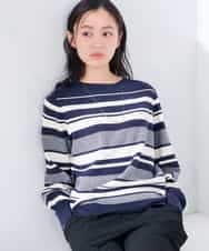 K6FAG17039 a.v.v(アー・ヴェ・ヴェ) 【WEB限定】ボートネック パフスリーブ ニット【洗える/麗しニット】 ネイビー×アイボリーBD