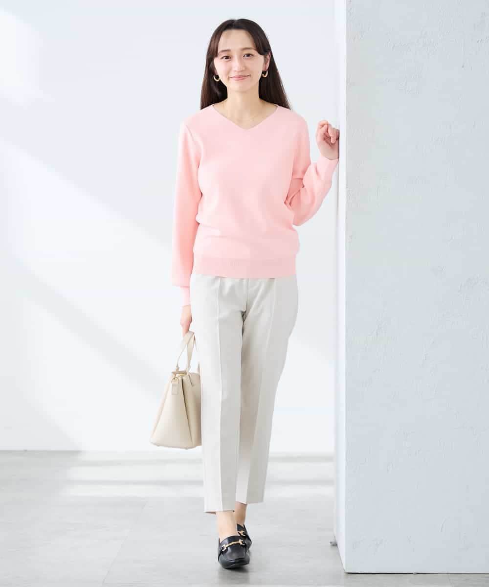 KALFE20079 a.v.v Elmi(アー・ヴェ・ヴェ) 【低身長サイズ/UVカット】リネンライクストレッチテーパードパンツ【洗える】 ネイビー