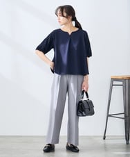 KALFE22079 a.v.v Elmi(アー・ヴェ・ヴェ) 【低身長サイズ/UVカット】リネンライクストレッチワイドパンツ【洗える】 ネイビー
