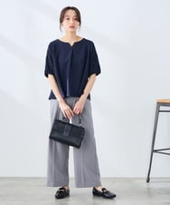 KALFE22079 a.v.v Elmi(アー・ヴェ・ヴェ) 【低身長サイズ/UVカット】リネンライクストレッチワイドパンツ【洗える】 ネイビー