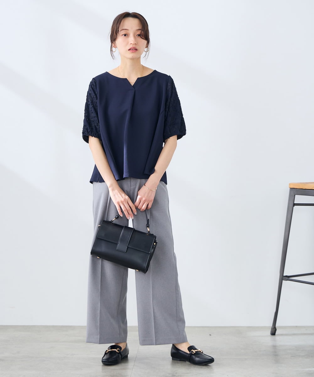 KALFE22079 a.v.v Elmi(アー・ヴェ・ヴェ) 【低身長サイズ/UVカット】リネンライクストレッチワイドパンツ【洗える】 ネイビー