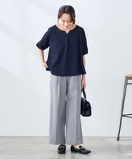 KALFE22079 a.v.v Elmi(アー・ヴェ・ヴェ) 【低身長サイズ/UVカット】リネンライクストレッチワイドパンツ【洗える】 ネイビー