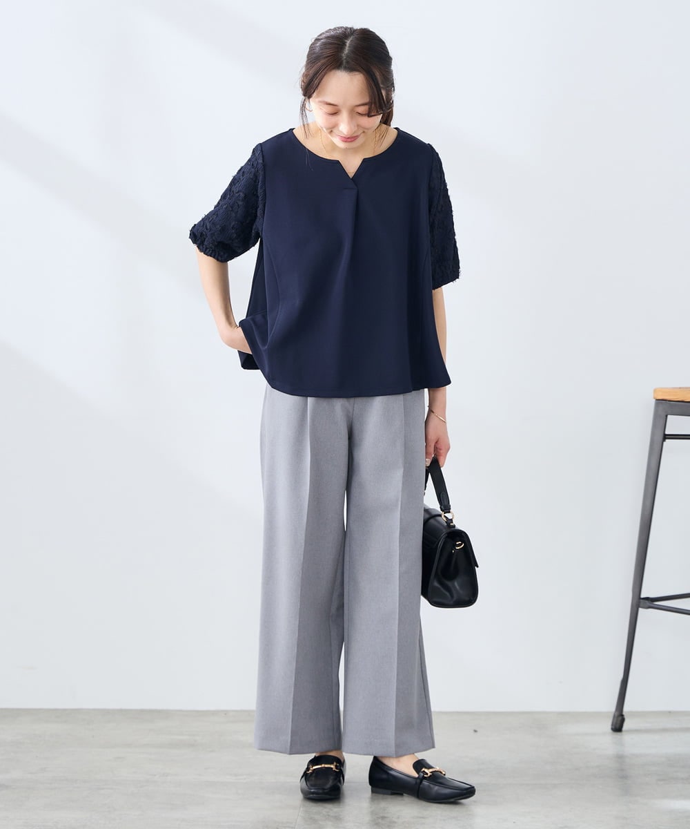 KALFE22079 a.v.v Elmi(アー・ヴェ・ヴェ) 【低身長サイズ/UVカット】リネンライクストレッチワイドパンツ【洗える】 ネイビー