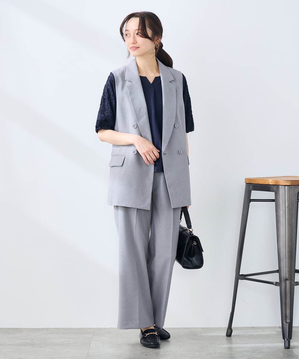 KALFE22079 a.v.v Elmi(アー・ヴェ・ヴェ) 【低身長サイズ/UVカット】リネンライクストレッチワイドパンツ【洗える】 ネイビー