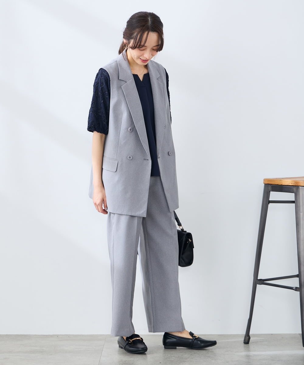KALFE22079 a.v.v Elmi(アー・ヴェ・ヴェ) 【低身長サイズ/UVカット】リネンライクストレッチワイドパンツ【洗える】 ネイビー
