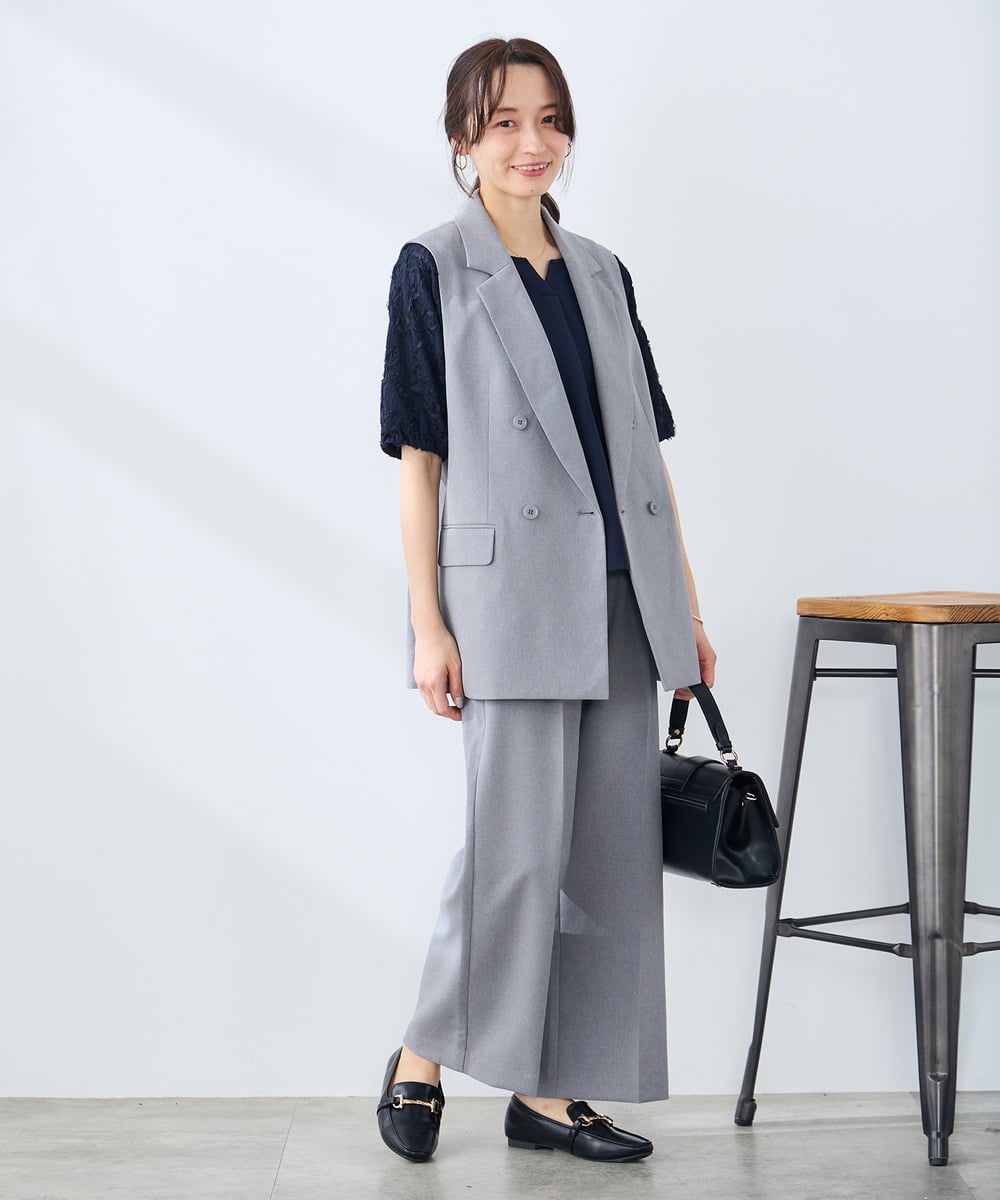 KALFE22079 a.v.v Elmi(アー・ヴェ・ヴェ) 【低身長サイズ/UVカット】リネンライクストレッチワイドパンツ【洗える】 ネイビー