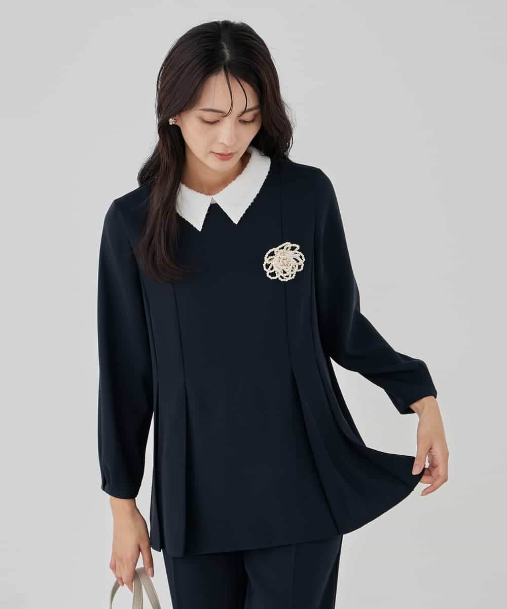 KBBCD06059 a.v.v(アー・ヴェ・ヴェ) 2WAYサテン襟付きペプラムブラウス【洗える/速乾/毛玉になりにくい/イージーケア】 ネイビー