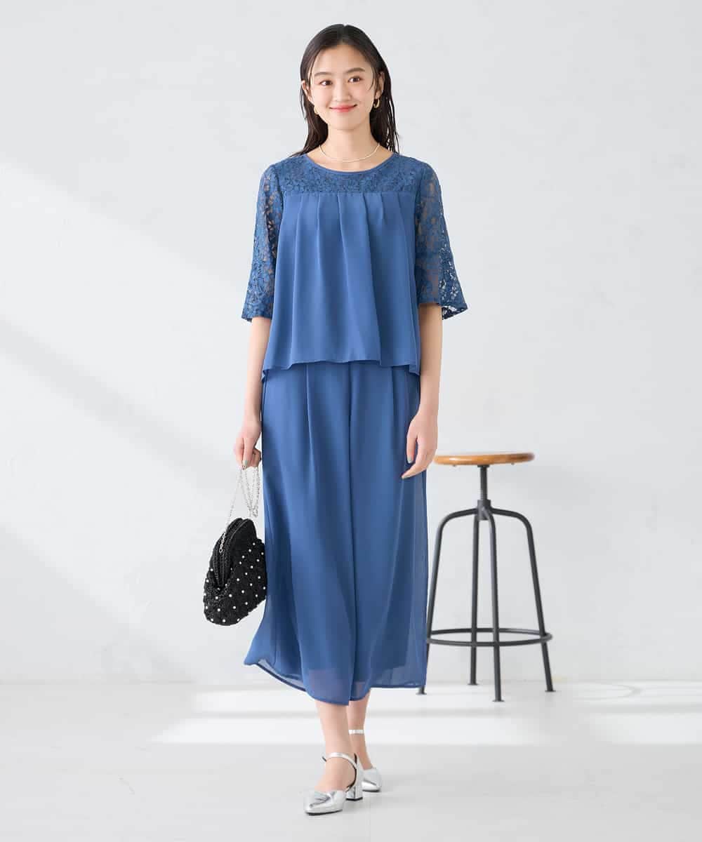 KBEGF13149 a.v.v(アー・ヴェ・ヴェ) 【結婚式/お呼ばれに】レースドッキングブラウス・パンツセットアップ ブルー