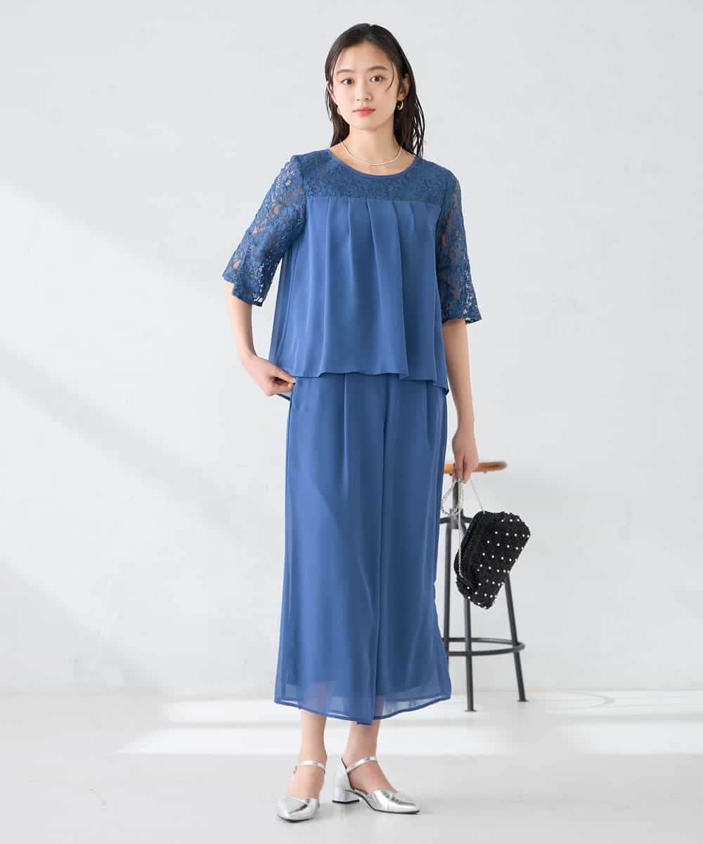KBEGF13149 a.v.v(アー・ヴェ・ヴェ) 【結婚式/お呼ばれに】レースドッキングブラウス・パンツセットアップ ブルー