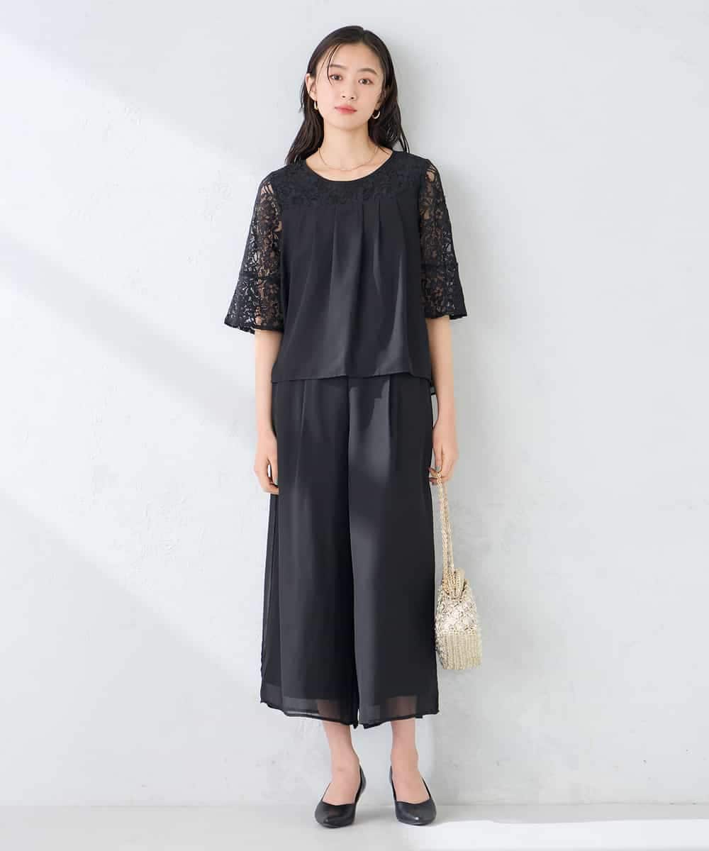KBEGF13149 a.v.v(アー・ヴェ・ヴェ) 【結婚式/お呼ばれに】レースドッキングブラウス・パンツセットアップ ブラック