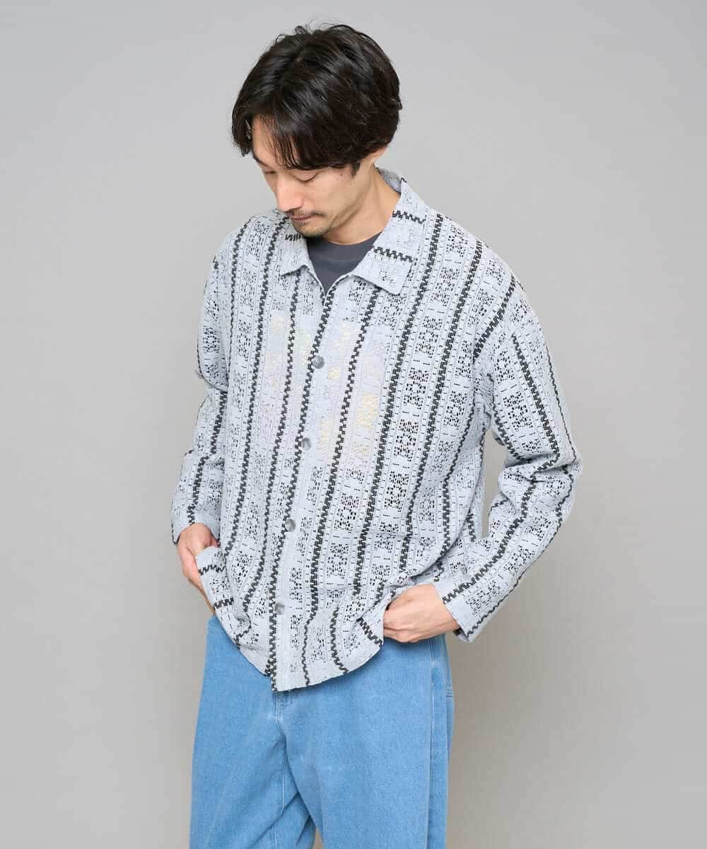 KHBFD11079 a.v.v MEN(アー・ヴェ・ヴェ) 真夏もお任せの涼しい長袖シャツ【洗濯機で洗える】透かしストライプ ワイドシルエットシャツ ライトブルー