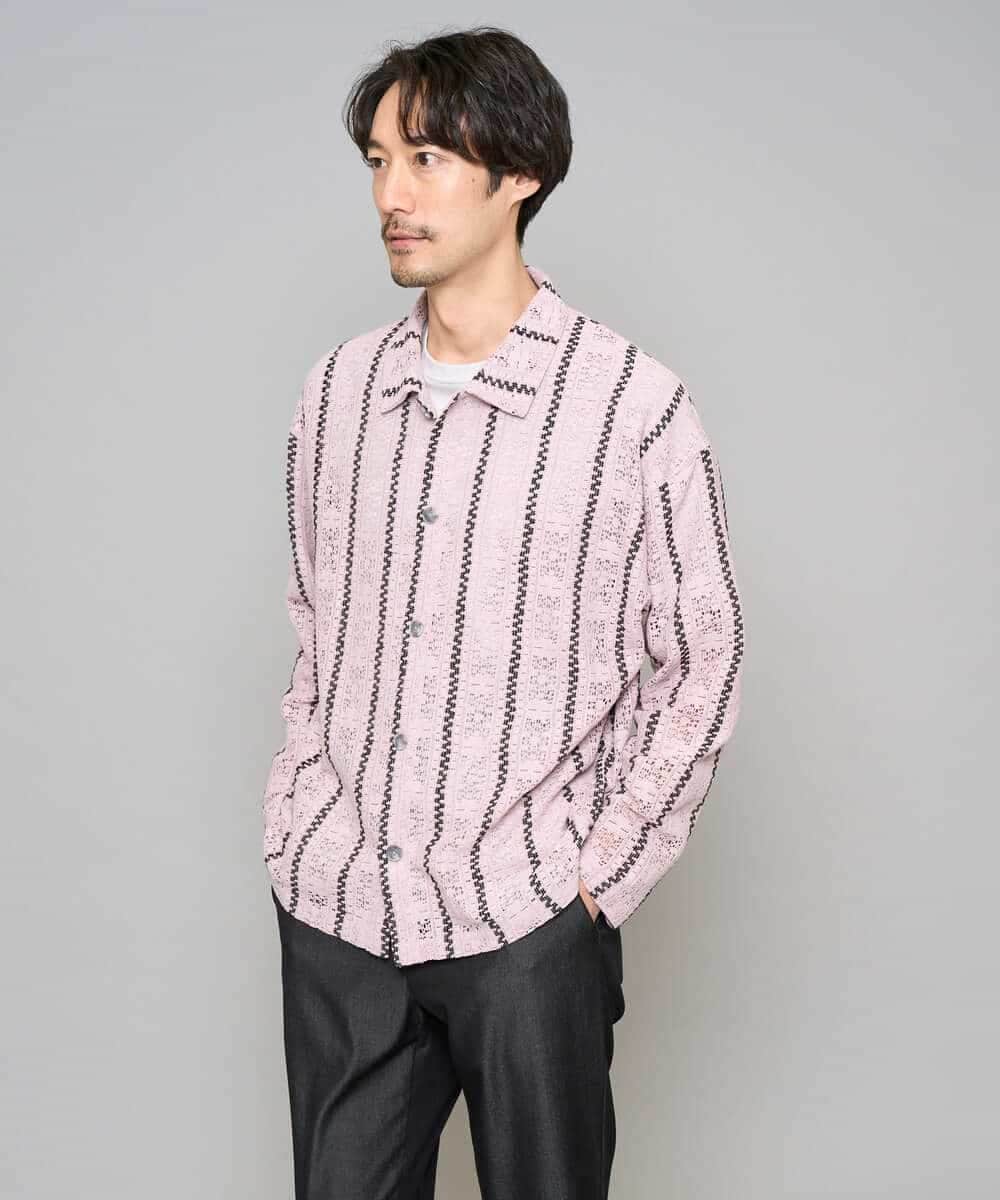 KHBFD11079 a.v.v MEN(アー・ヴェ・ヴェ) 真夏もお任せの涼しい長袖シャツ【洗濯機で洗える】透かしストライプ ワイドシルエットシャツ ライトブルー