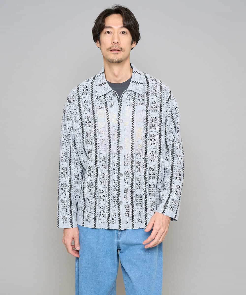 KHBFD11079 a.v.v MEN(アー・ヴェ・ヴェ) 真夏もお任せの涼しい長袖シャツ【洗濯機で洗える】透かしストライプ ワイドシルエットシャツ ライトブルー