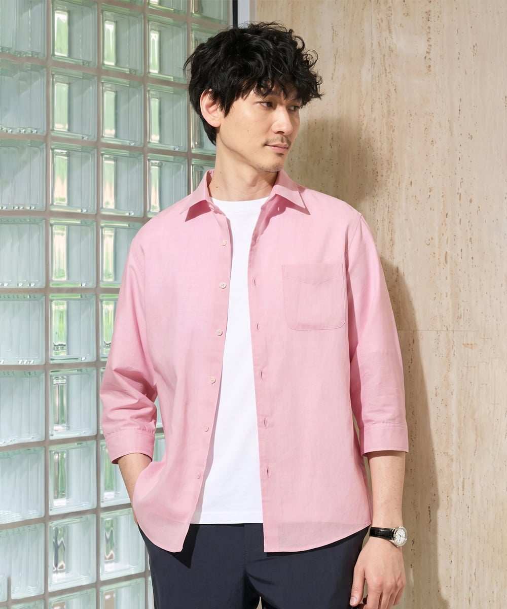 KHBGD30054 a.v.v MEN(アー・ヴェ・ヴェ) 累計15,000枚販売！リネン混シャツ【接触冷感 / 速乾/ストレッチ / イージーケア / 洗濯機で洗える】 ピンク
