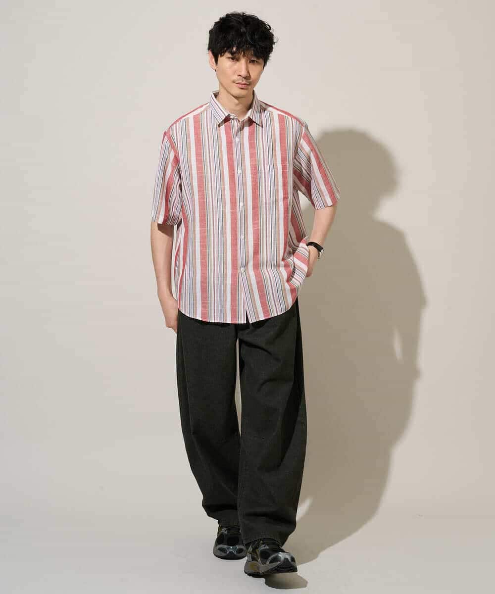 KHBGD35069 a.v.v MEN(アー・ヴェ・ヴェ) サラッと涼しい 5分袖マルチストライプワイドシルエットシャツ【洗濯機で洗える】 ブルー