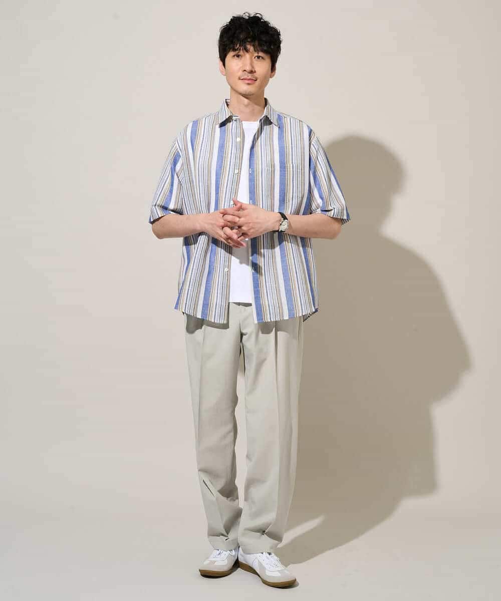 KHBGD35069 a.v.v MEN(アー・ヴェ・ヴェ) サラッと涼しい 5分袖マルチストライプワイドシルエットシャツ【洗濯機で洗える】 ブルー
